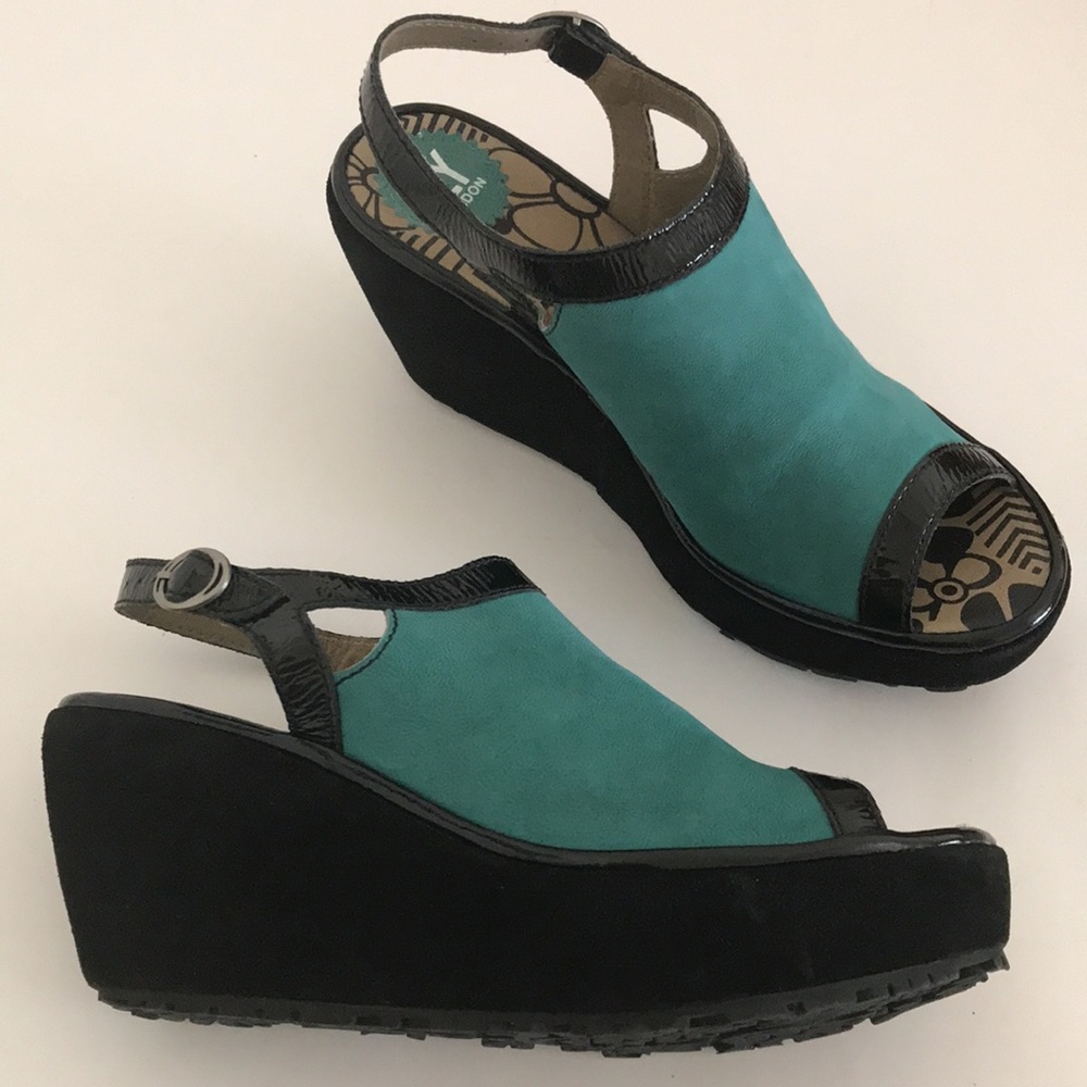 Fly London teal sandal platform sling backs 9